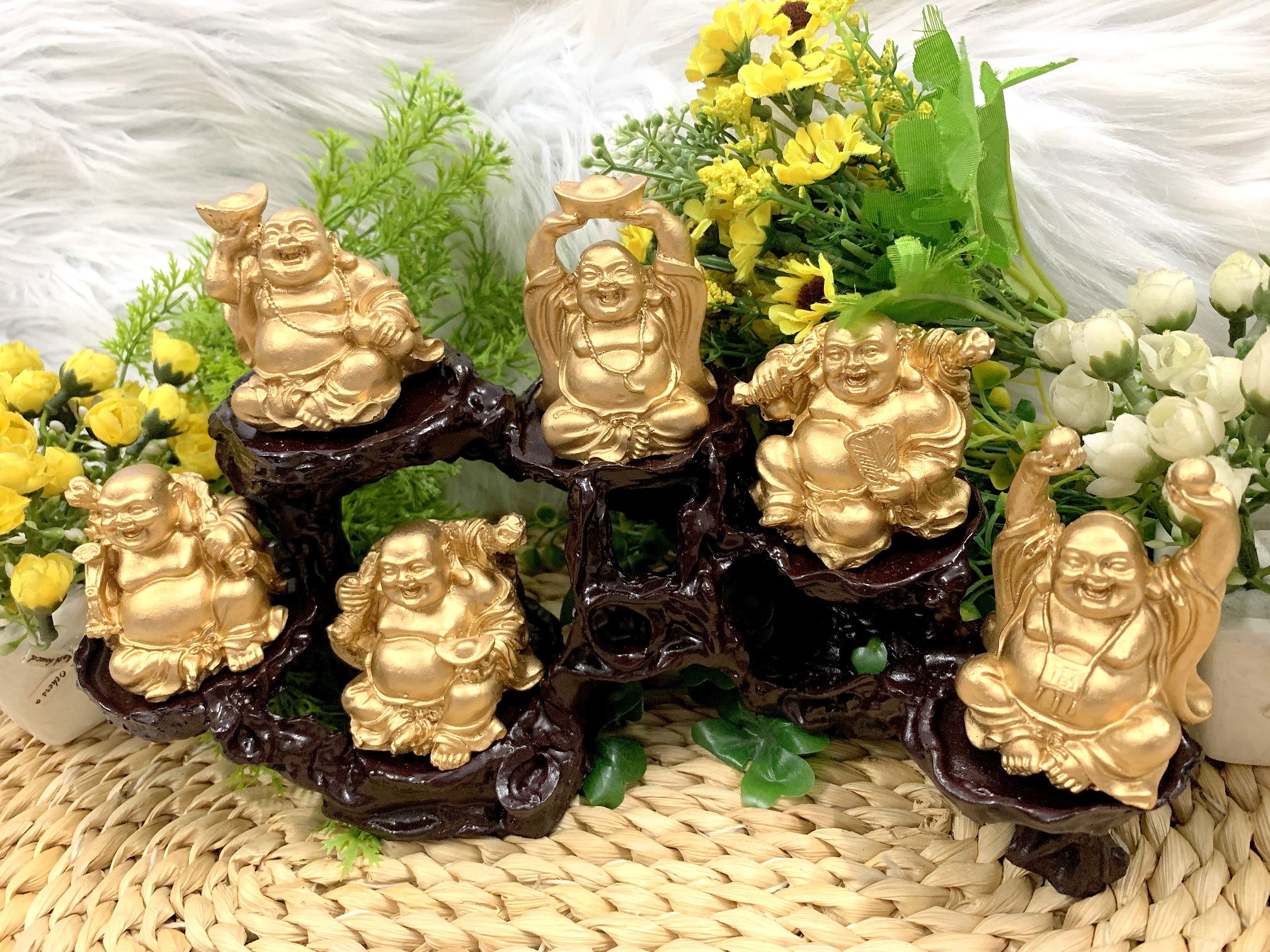 Bộ 6 Tượng Bồ Tát Di Lặc Hoan Hỉ kèm đế tượng 6 chân An Nhiên