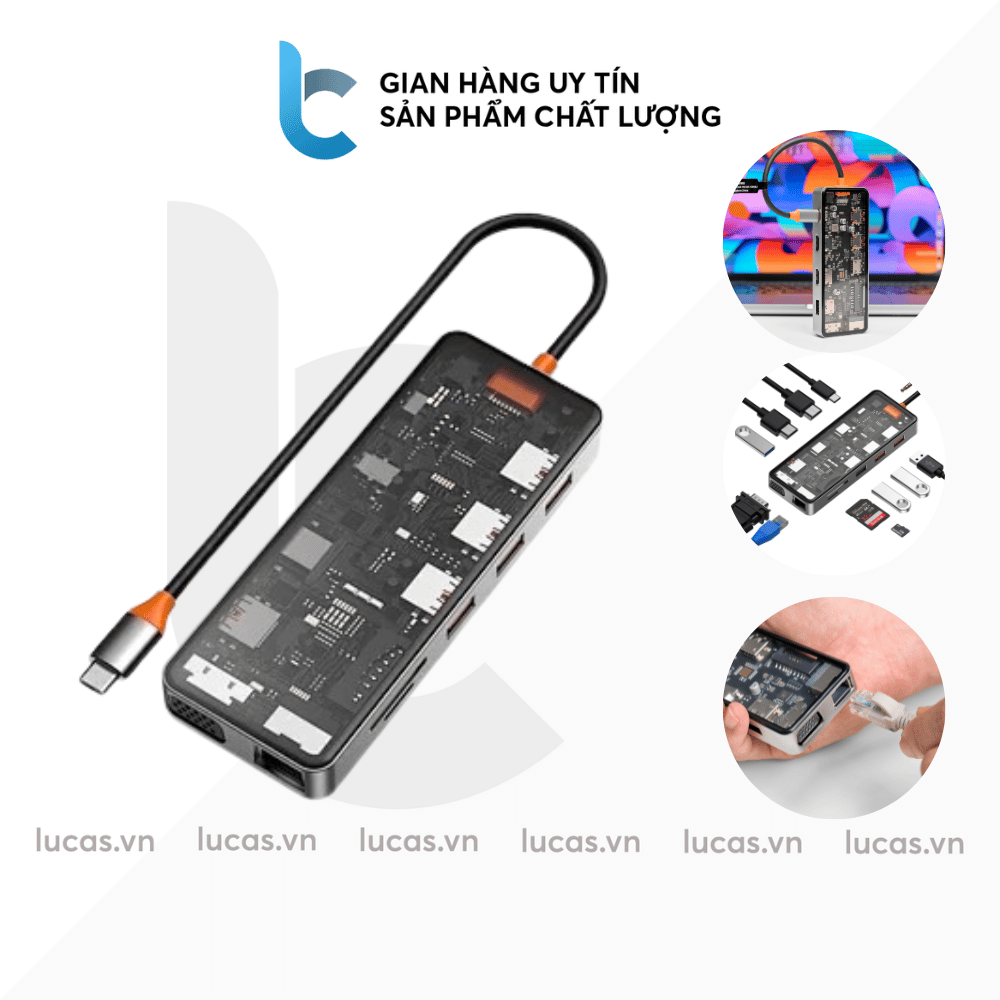 Hub USB-C 12in1 Trong Suốt WIWU Cyber CB012 USB 3.0/ SD TF/ HDMI/ PD/ VGA/ RJ45/ Jack 3.5 Cho Iphone/ IPad/ Macbook - Hàng Chính Hãng