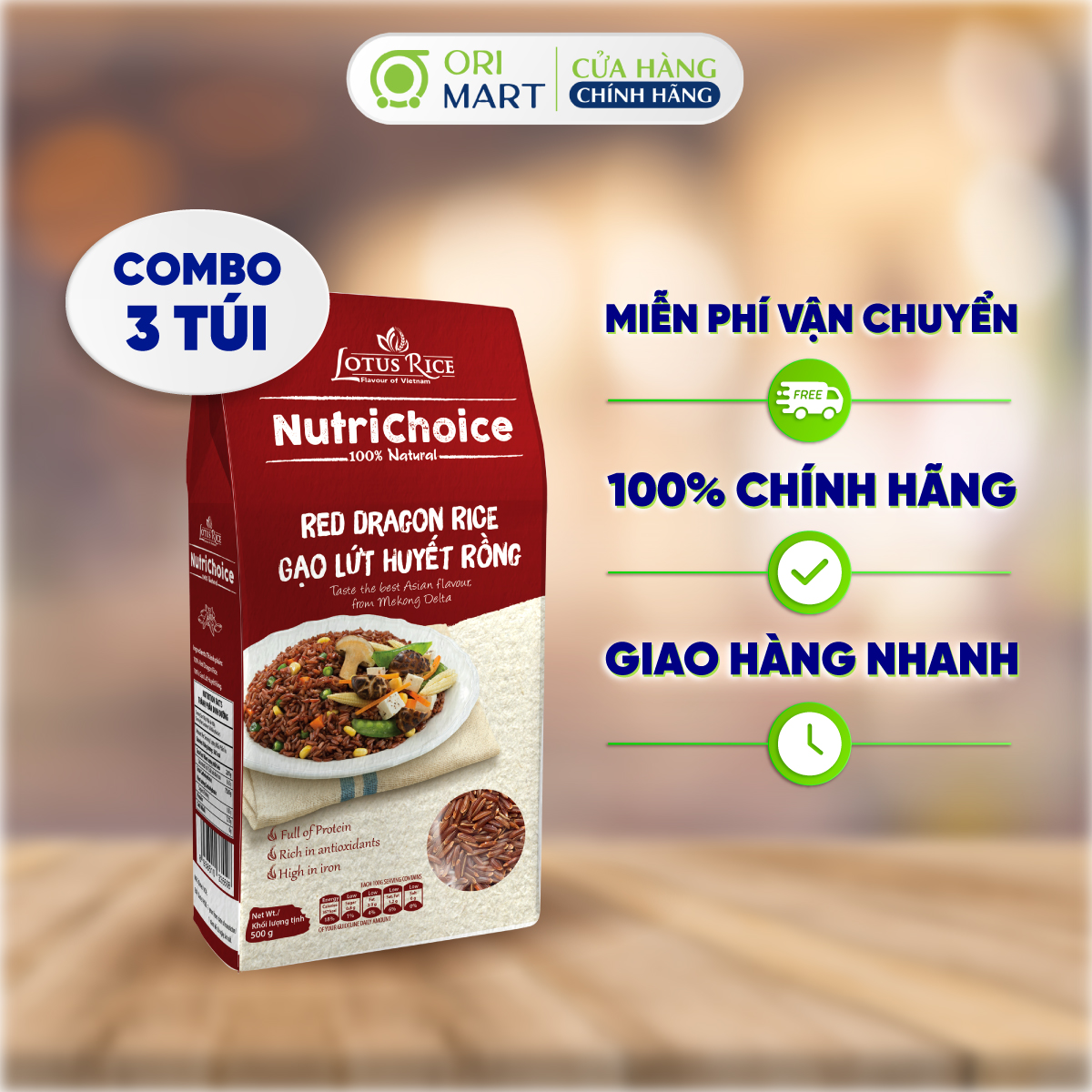 Combo 3 Gạo Lứt Huyết Rồng Hữu Cơ NutriChoice Red Lotus Rice Gói 500G Thơm Ngon Bổ Dưỡng ORIMART