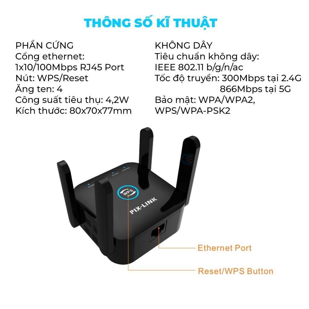 Bộ kích sóng Wifi 5G PIX-LINK LV- AC24 Pro Tần Số Kép AC 1200 Khả Năng Xuyên Tường Mạnh Mẽ, Mở Rộng Vùng Phủ Sóng Thêm 50m Cực Khỏe - Hàng Chính Hãng/ hàng Nhập Khẩu