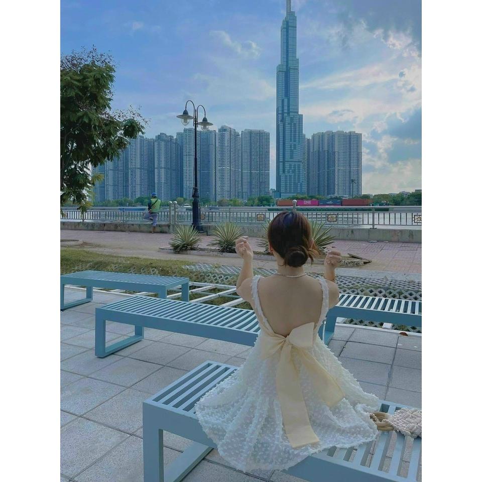 Đầm xoè xô bông 2 dây phối nơ xinh xắn