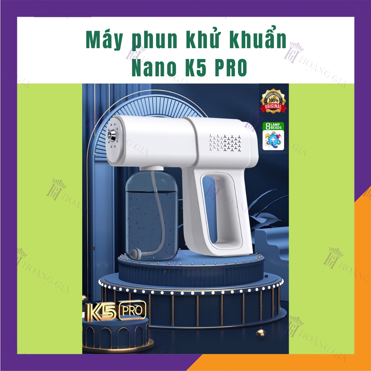 Máy Phun Khử Khuẩn Nano K5 PRO Hoàng Gia Công Suất Lớn Không Dây Cầm Tay - HÀNG CHÍNH HÃNG - Pin siêu bền 2 Chế Độ Phun Với Chùm 8 Đèn Led UV Khử Trùng Sạch Vi Khuẩn - Thiết Kế Nhỏ Gọn - Dạng Sạc Pin Di Động, Dễ Dùng