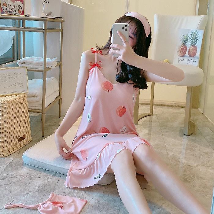 Váy Ngủ 2 dây dễ thương, chất thun mềm mát, mặc nhà, mặc ngủ tặng kèm bịt mắt VNHT80