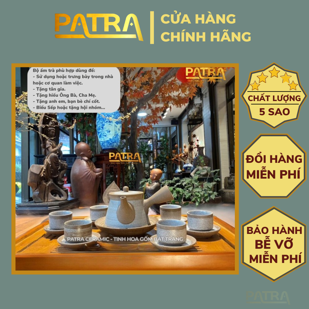 Bộ ấm chén uống trà cao cấp , bộ ấm trà Bát Tràng - hoàng sa hoa mai tay ngang