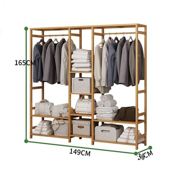Tủ quần áo gỗ tre mẫu lớn 165cm - Khung treo quần áo cao cấp
