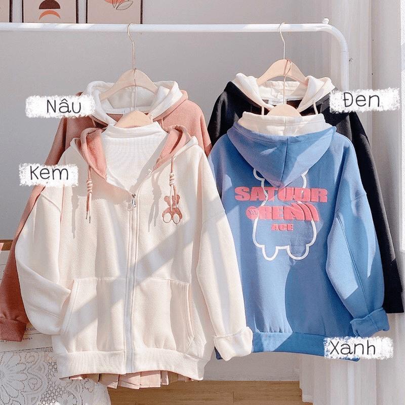Áo khoác nỉ nữ NÓN 2 LỚP phong cách cực cute THÊU GẤU HOT TREND 2022, áo khoác Nỉ kéo khoá thêu hình gấu 2 n