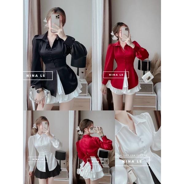 Sét áo cổ sơ mi tay dài kèm chân váy xoè thời trang cá tính