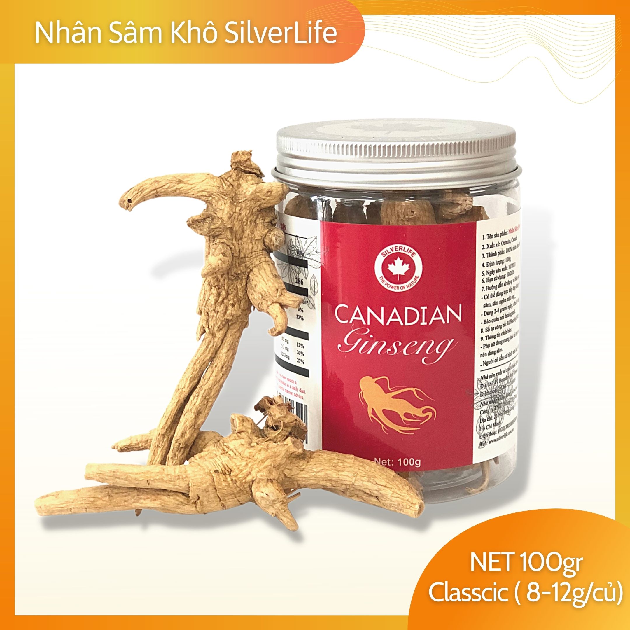 Nhân sâm Canada SilverLife Classic hũ 100g | Nhân sâm Canada khô nguyên củ