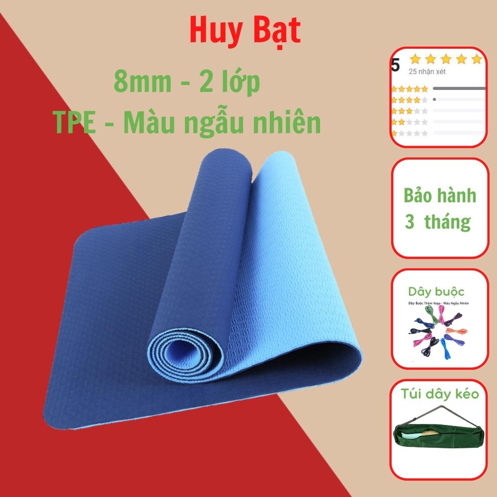 Thảm Tập Yoga, Tập Gym 8mm 2 Lớp Không Mùi + Túi Đựng Thảm + Dây Buộc Thảm Chính Hãng HUY BẠT - Giao Ngẫu Nhiên