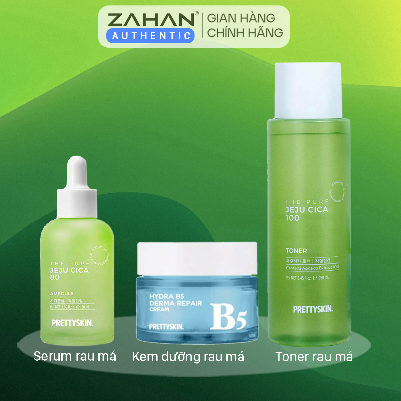 Combo kem dưỡng B5, toner rau má, serum rau má Prettyskin