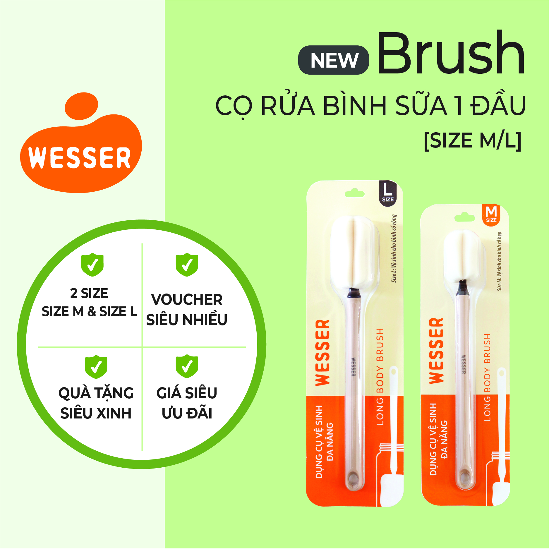 (Mới) Dụng cụ vệ sinh bình sữa Wesser 1 đầu (Size M/L)