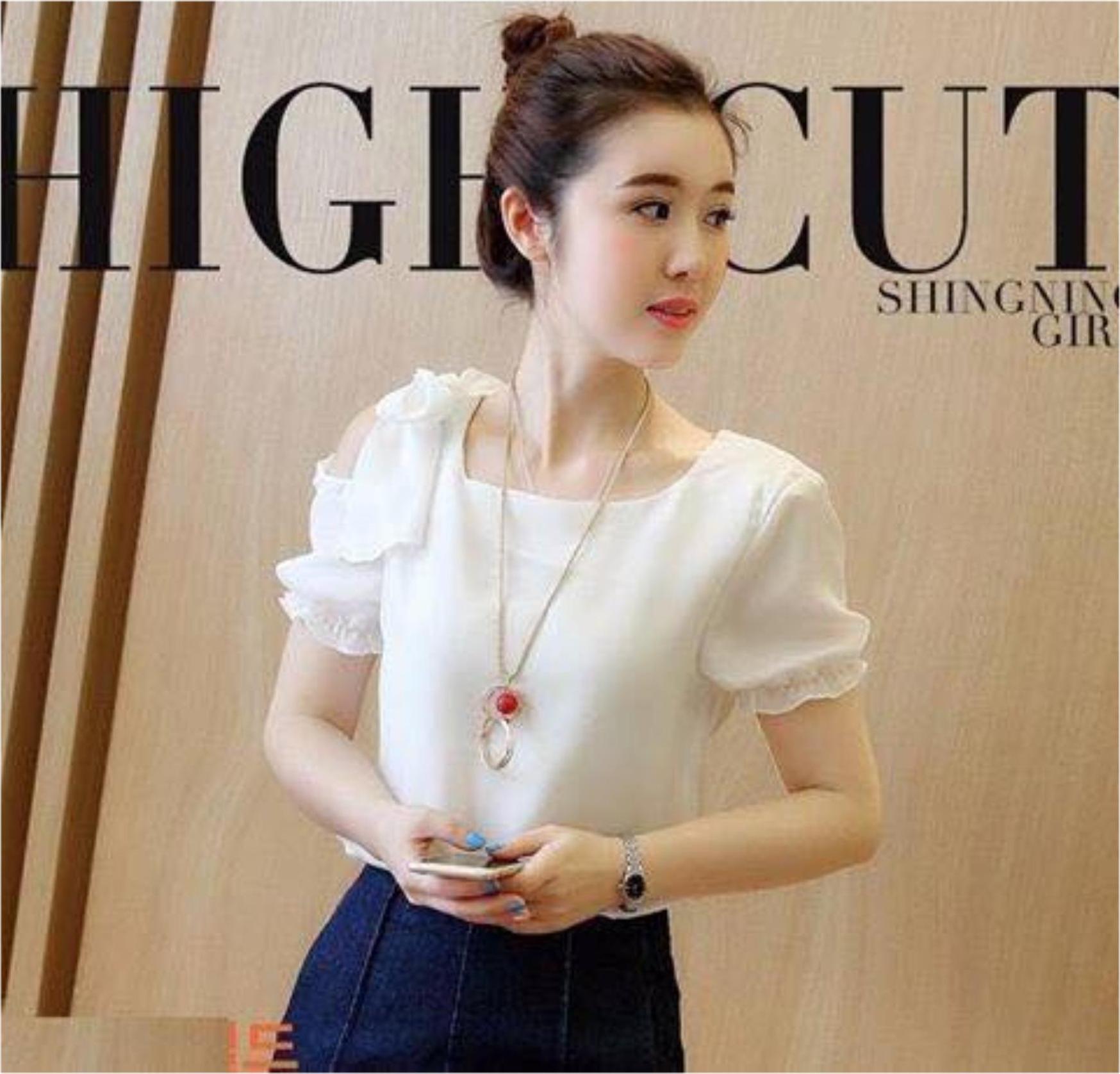 Áo công sở tay rớt đính nơ vai trắng chất lụa