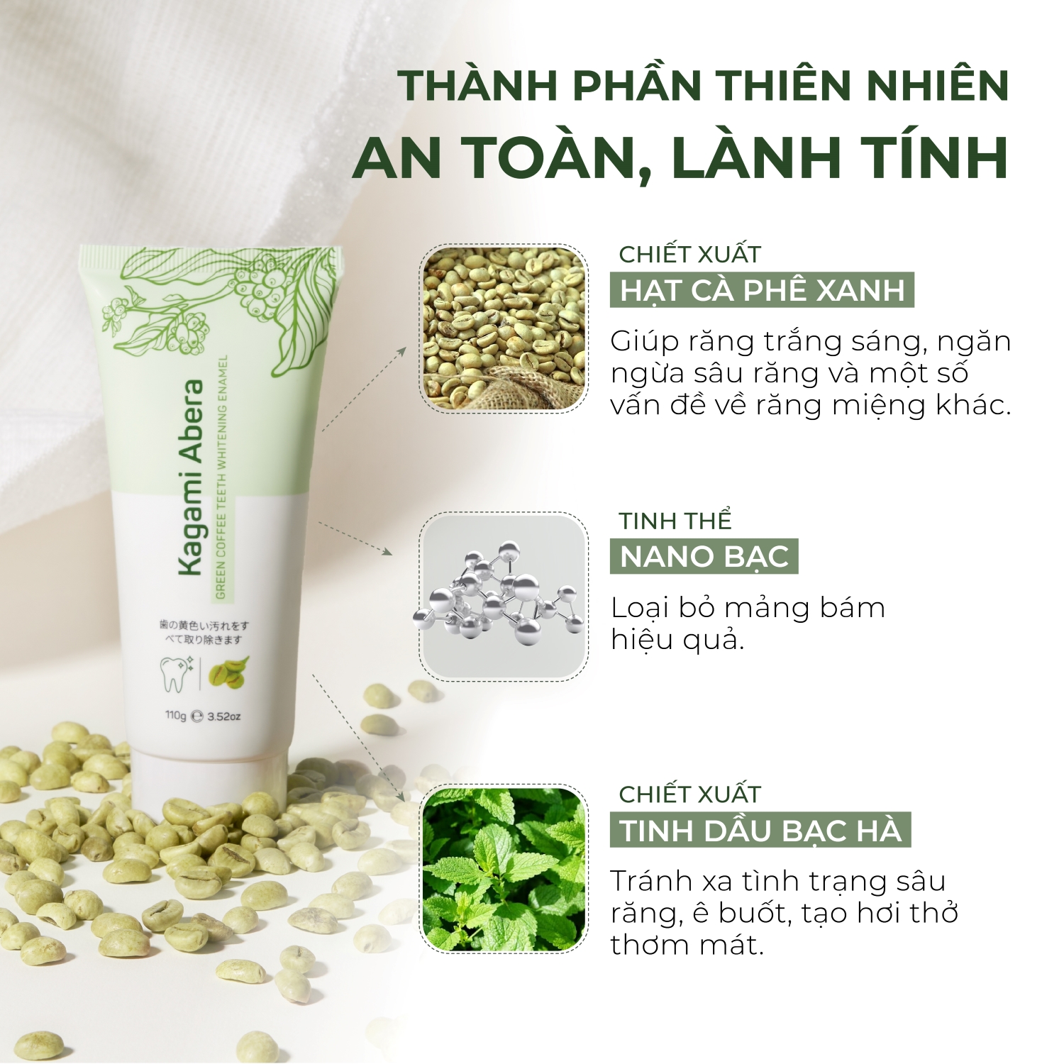 Men trắng răng Kagami Abera 110g làm trắng sáng nhanh chóng và đánh bay mọi vết ố vàng trên răng