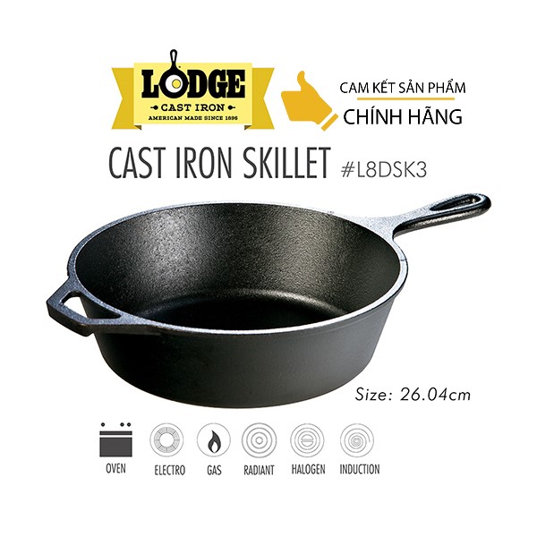 Chảo gang sâu lòng Lodge 26cm - L8DSK3.Chảo dùng xào, rang, chiên, rán, nướng, áp chảo thực phẩm