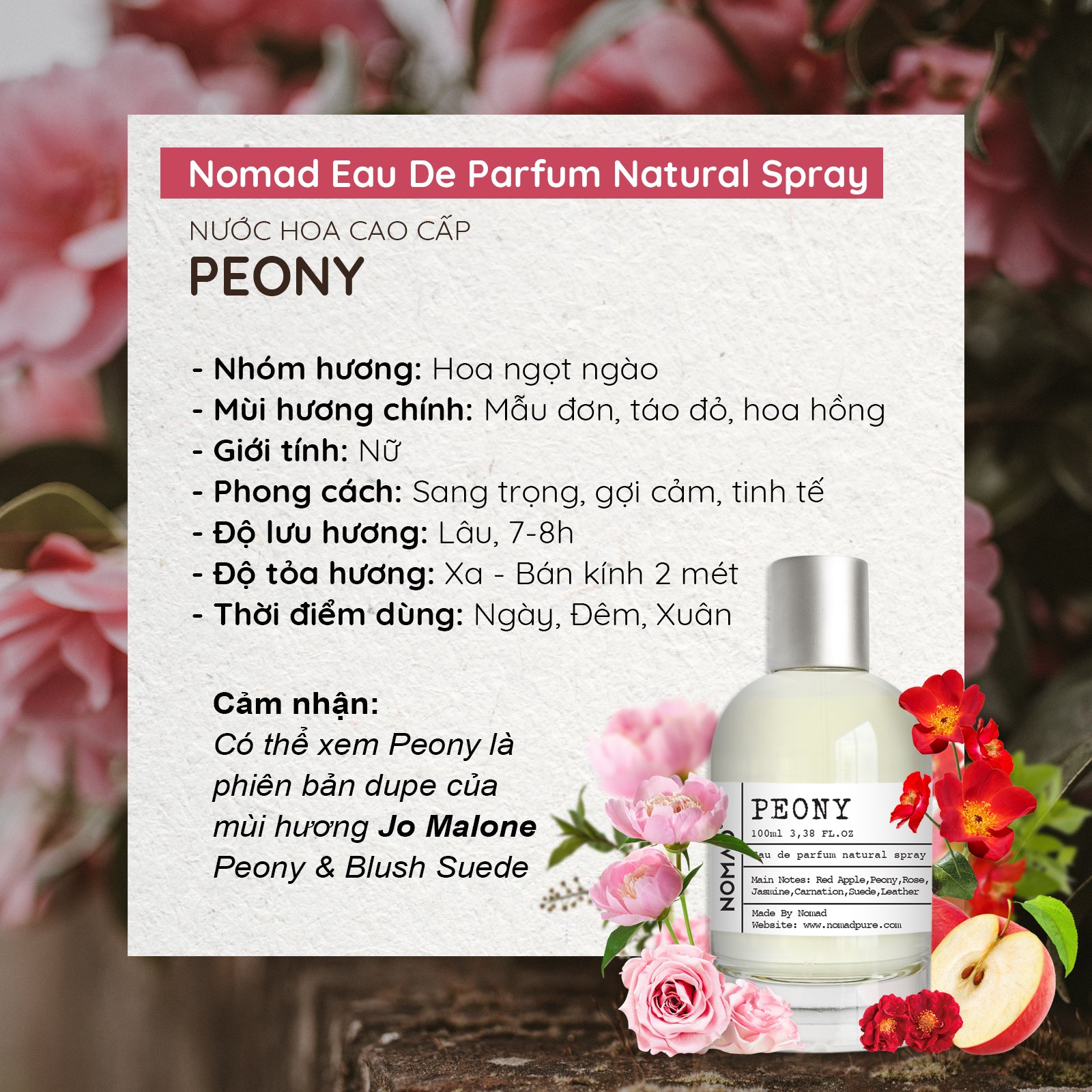 Nước Hoa Cao Cấp Nomad Nhập Khẩu Ý - Sang Trọng, Lưu Hương Lâu - Peony