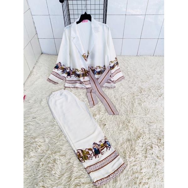 Đồ bộ ngủ tay dài pijama mặc nhà kiểu dáng thắt nơ kimono trơn đơn giản dưới 60kg