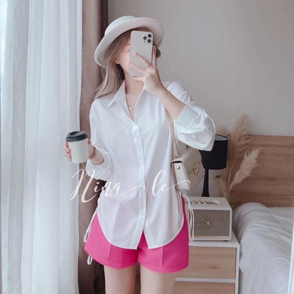 Sét bộ sơ mi dài tay rút dây phối quần đùi xinh xắn thời trang nữ dạo phố, đi biển