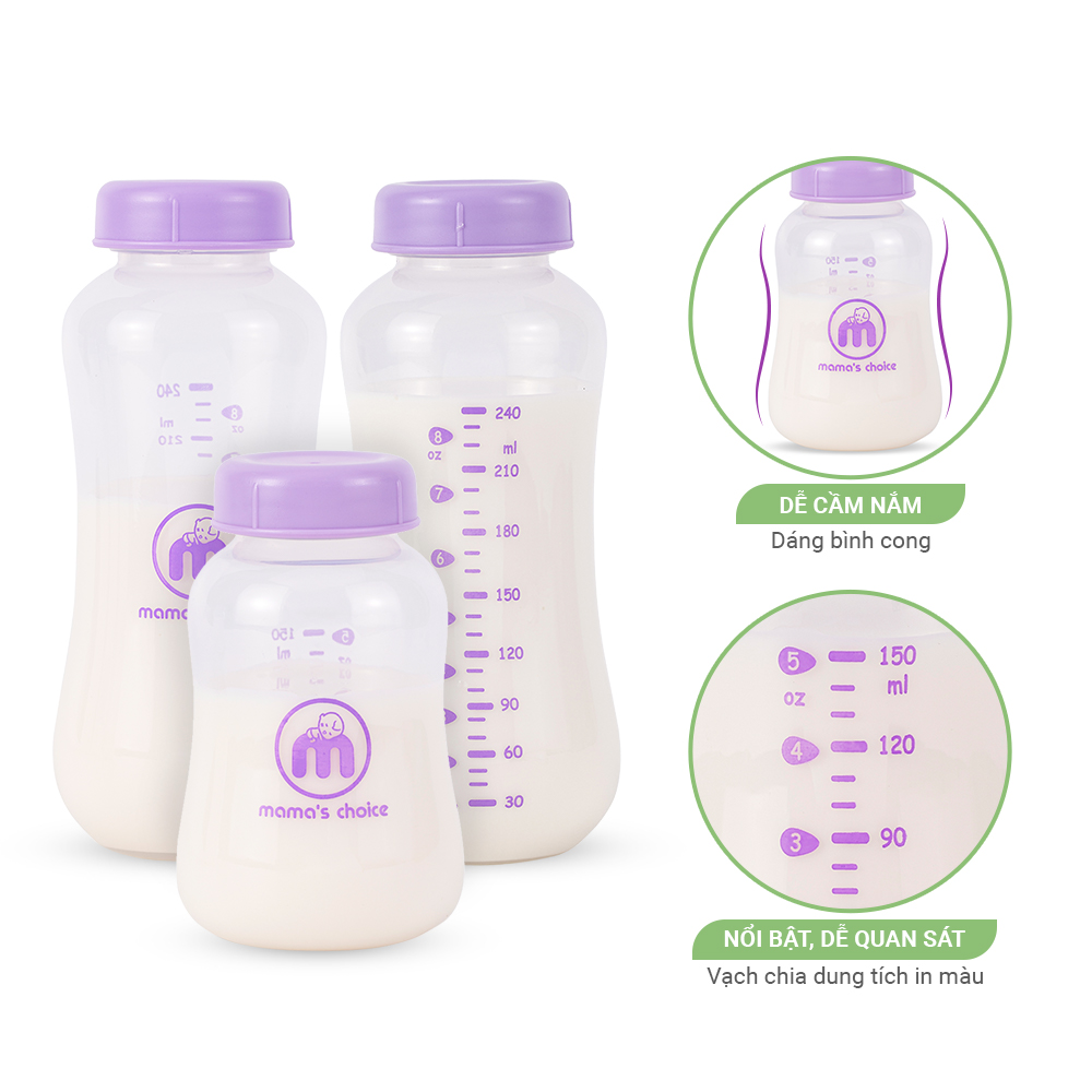 Bình Trữ Sữa Cổ Hẹp Mama's Choice 150ml–240ml, Bình Đựng Sữa Mẹ Tương Thích Máy Hút Sữa Medela, Unimom, Real Bubee, Ameda