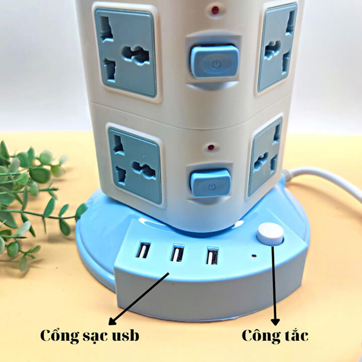 Ổ cắm điện đa năng 3 tầng 12 ổ cắm 3 cổng sạc nhanh USB 2.1A cho điện thoại, chịu tải 2500W, chống giật dây dài 1m8