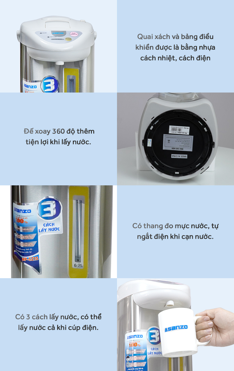 Bình Thuỷ Điện Asanzo 6.2L HP-6215 - Hàng Chính Hãng