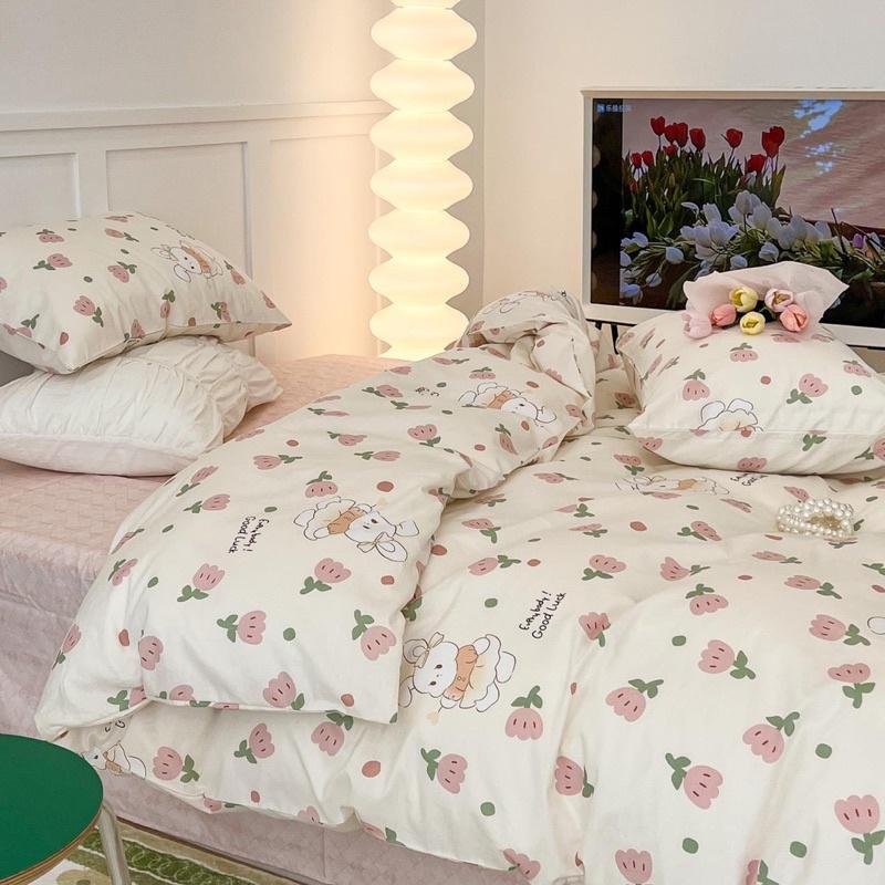 Bộ Chăn Ga Gối Living 100%cotton Hàng Nhập Khẩu Cao Cấp 4 Món Hoa Thỏ
