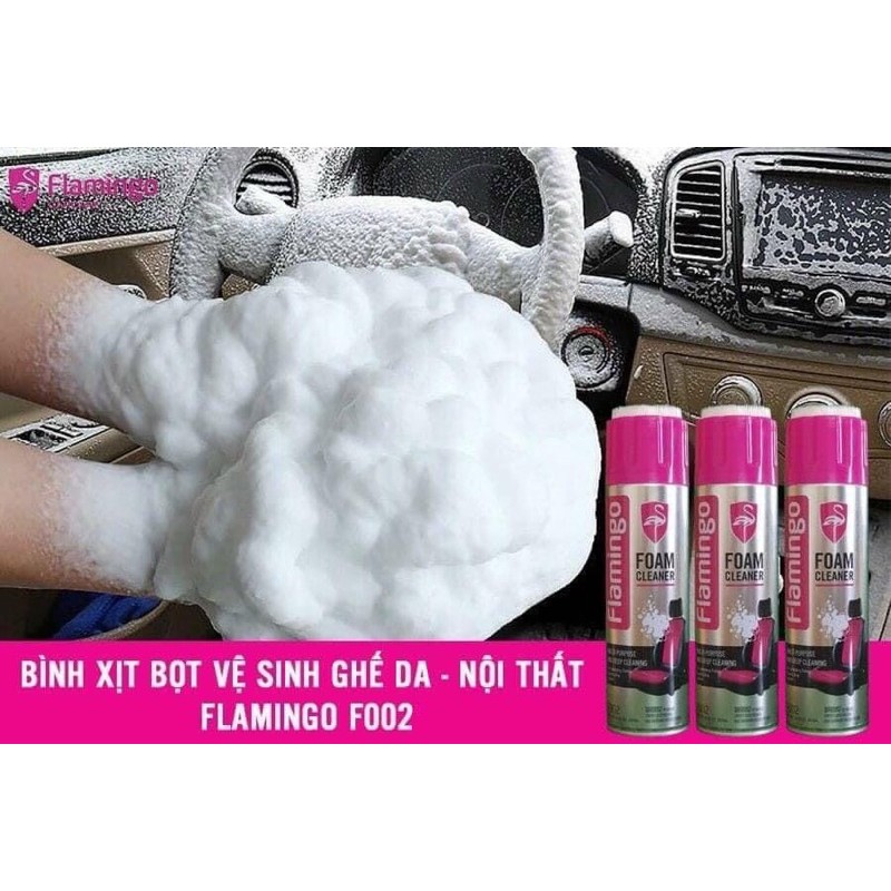 Bình xịt vệ sinh nội thất ô tô, xe hơi, ghế da dạng bọt Flamingo F002 - 650ml-Hàng Chính Hãng