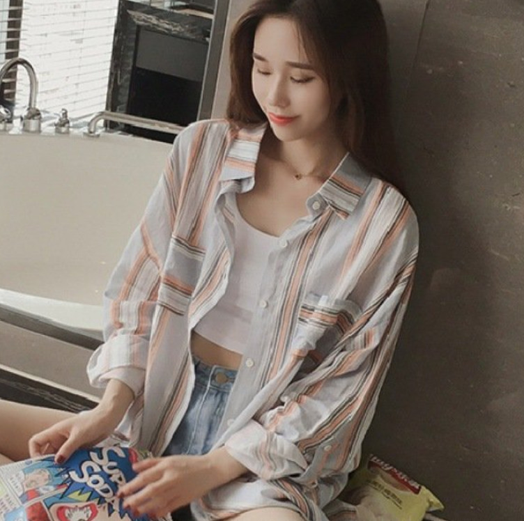 Áo sơ mi nữ thời trang Đũi Việt, Áo sơ mi trắng nữ kẻ sọc phong cách Hàn quốc DV86