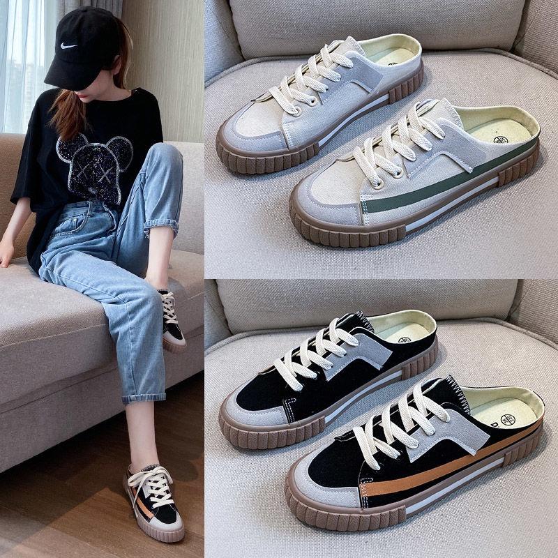 Backless canvas shoes children's summer 2021 new flat bottomed semi drag lazy shoes Korean versatile casual shoes