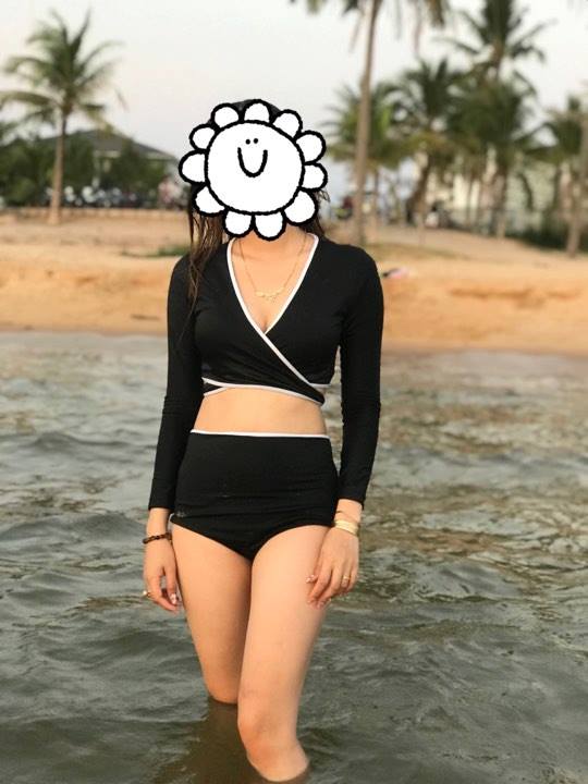 Bikini hai mảnh nữ dài tay buộc nơ bụng kín đáo nữ tính chất thun lạnh có sẵn mút độn ngực ( Hàng loại 1)