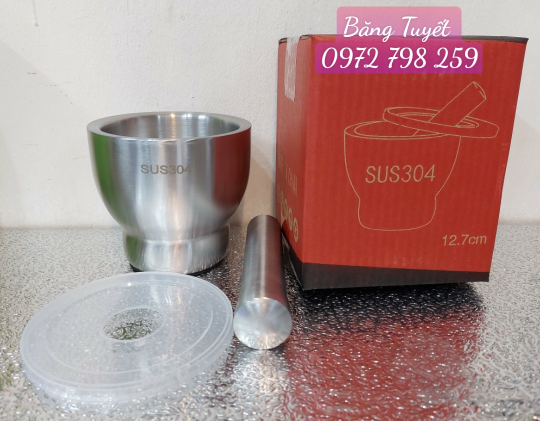 BỘ CỐI CHÀY INOX SUS 304 BẦU CÓ NẮP CAO CẤP .Dụng cụ nhà bếp cối chày inox có nắp chống bắn đế trống trơn chượt đa năng giã nhiễn các loại tỏi ớt tiêu riềng sả