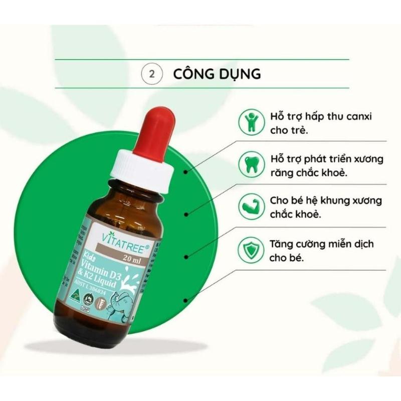 Tinh chất D3 K2 hỗ trợ hấp thu canxi cho trẻ Vitatree Kids Vitamin D3 &amp; K2 Liquid 20ml