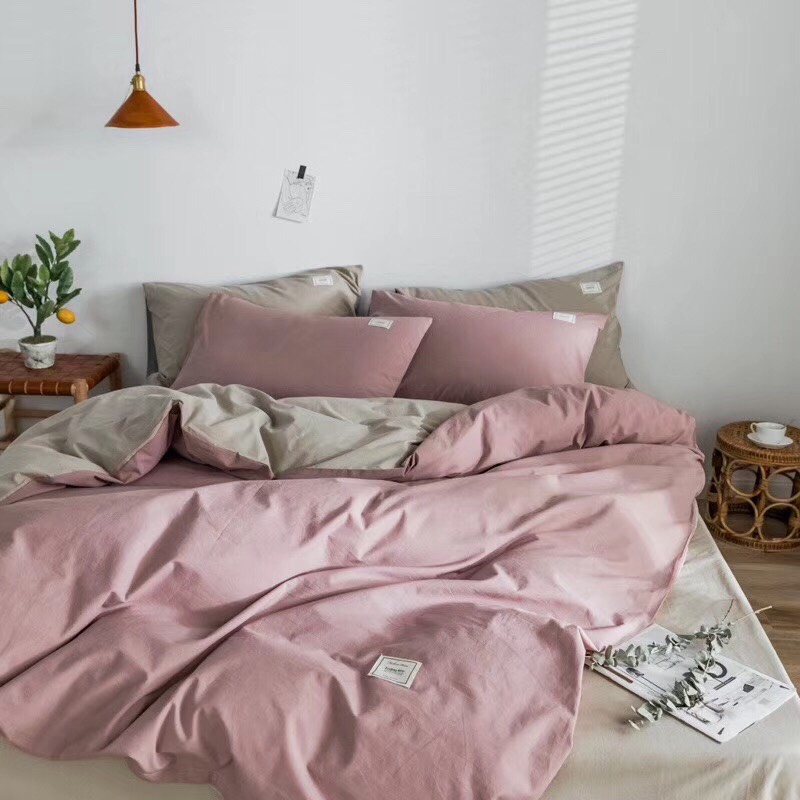 Bộ Chăn Ga Gối Cottong TICI Chăn Chần Bông Hồng Phối Be