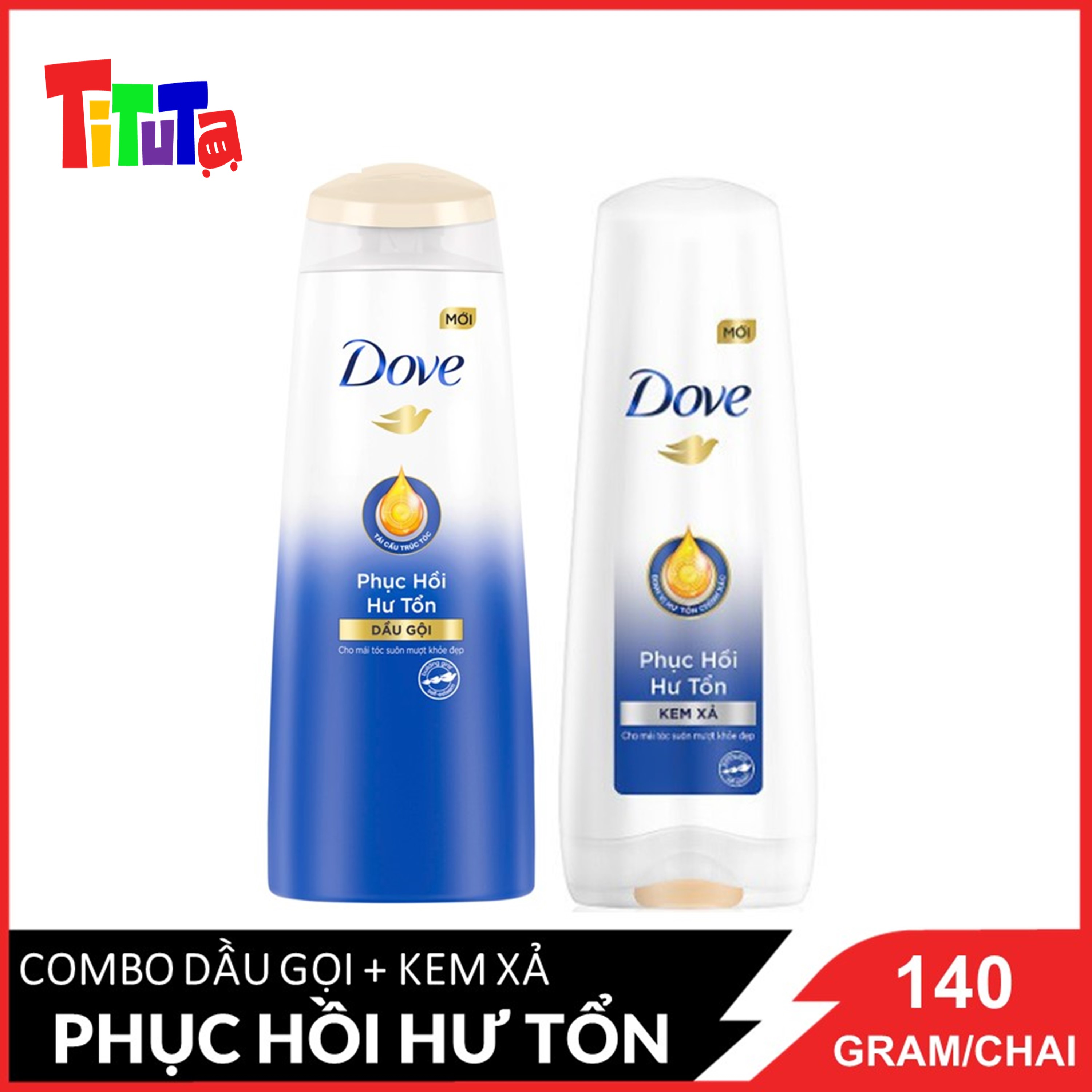 Combo Dầu Gội + Kem Xả Dove Phục Hồi Tóc Hư Tổn 140 Gram x2