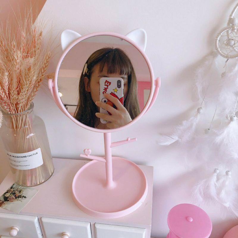 GƯƠNG TRANG ĐIỂM TAI MÈO ĐỂ BÀN MÀU HỒNG