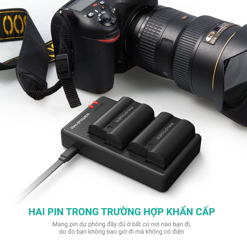 Bộ 2 Pin + Sạc Đôi RAVPower EN-EL15 Cho Nikon D7200, D800, D800E, D810, D850... (Hàng Chính Hãng)