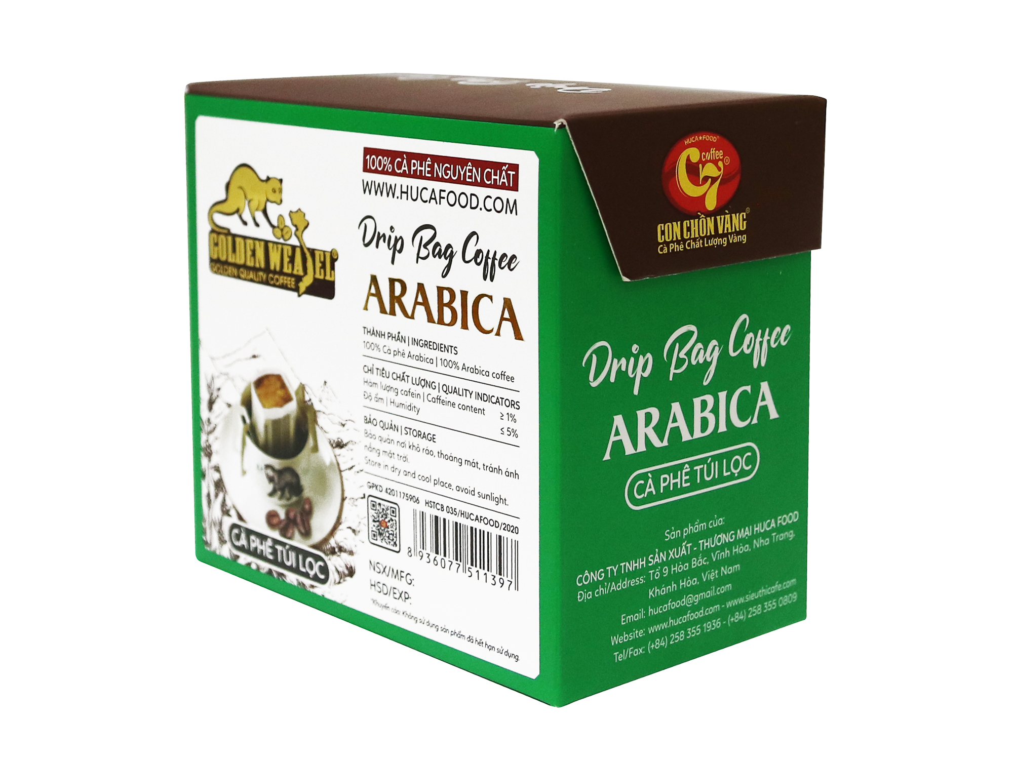 Cà Phê Túi Lọc Arabica Nguyên Chất 100% Con Chồn Vàng Hộp 150Gr - Huca Food