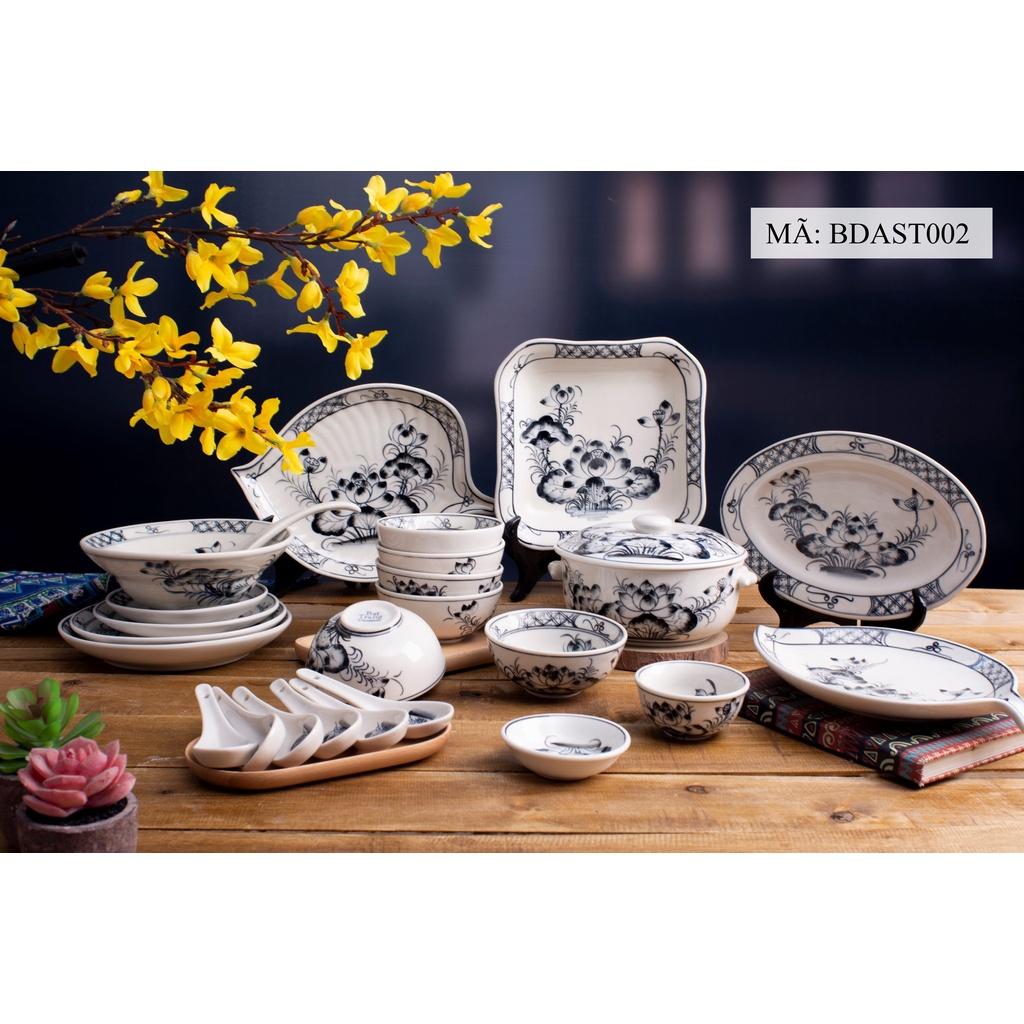 Bộ bát đĩa họa tiết hoa văn hoa SEN CÀNH XANH gốm sứ Bát Tràng