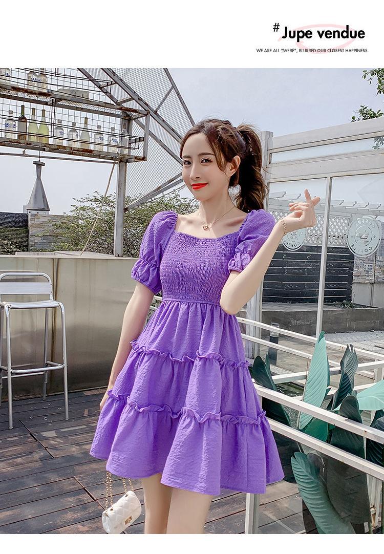 DIYIWEI Phụ nữ mùa hè 2023 Square Neck Pleated Bubble Sleeve Thu hẹp eo Khoai tây tím Vintage Pháp Orange Terrier Dress