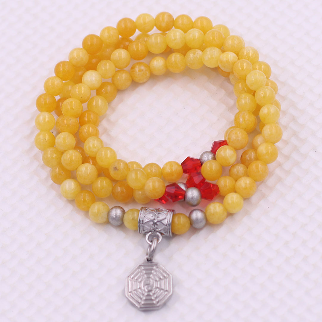 Vòng chuỗi 108 hạt đá ngọc tủy vàng 6 ly charm bát quái inox - vòng chuỗi niệm Phật, vòng tay chuỗi hạt