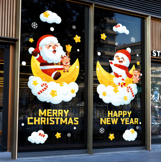 Decal trang trí Noel - Người tuyết và ông già Noel cưỡi mây