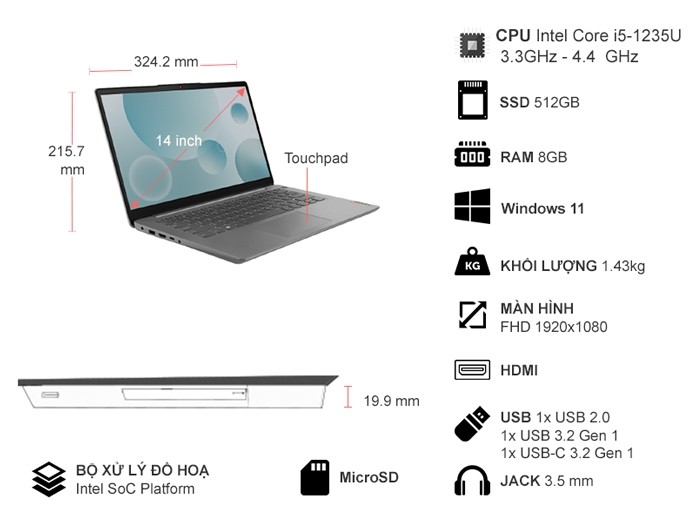 Laptop Lenovo Ideapad 3 14IAU7 i5-1235U/8GB/512GB/Win11 82RJ0019VN