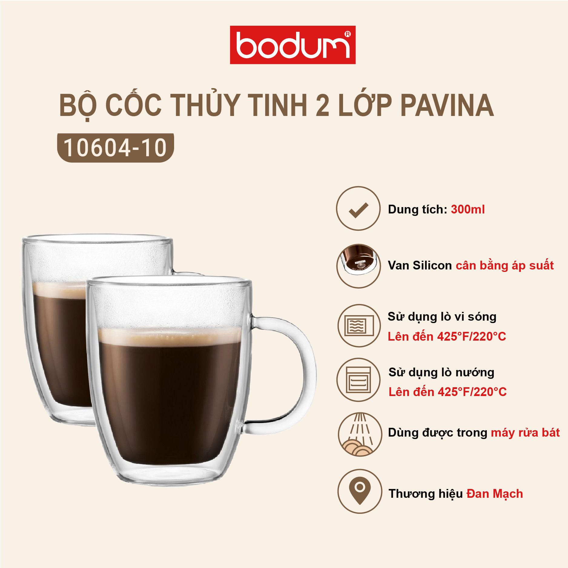 Bộ 2 cốc thủy tinh 2 lớp Bodum Bistro dung tích 300ml 10604-10
