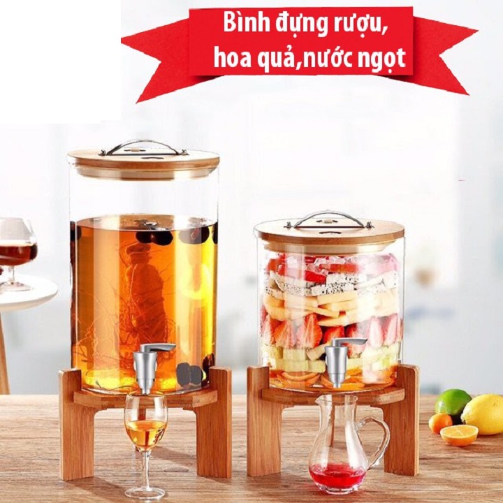 Bình Thủy Tinh Cao Cấp Có Vòi Rót Kèm Kệ Gỗ Sang Trọng