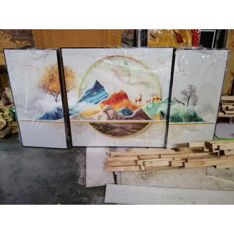 Bộ ba tranh tráng gương, tranh phủ gương cao cấp hươu vàng tài lộc trên núi cao