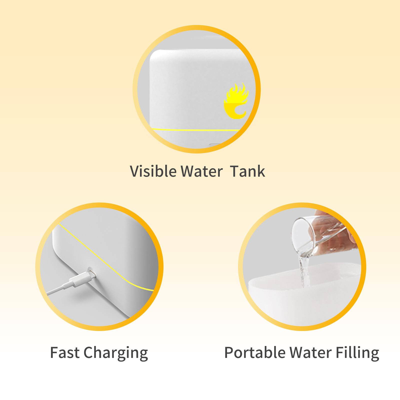 Máy phun tinh dầu mô phỏng ngọn lửa cung cấp độ ẩm, 2 mức sáng ánh sáng yên tĩnh làm mát phun nước sạc usb làm ẩm không khí