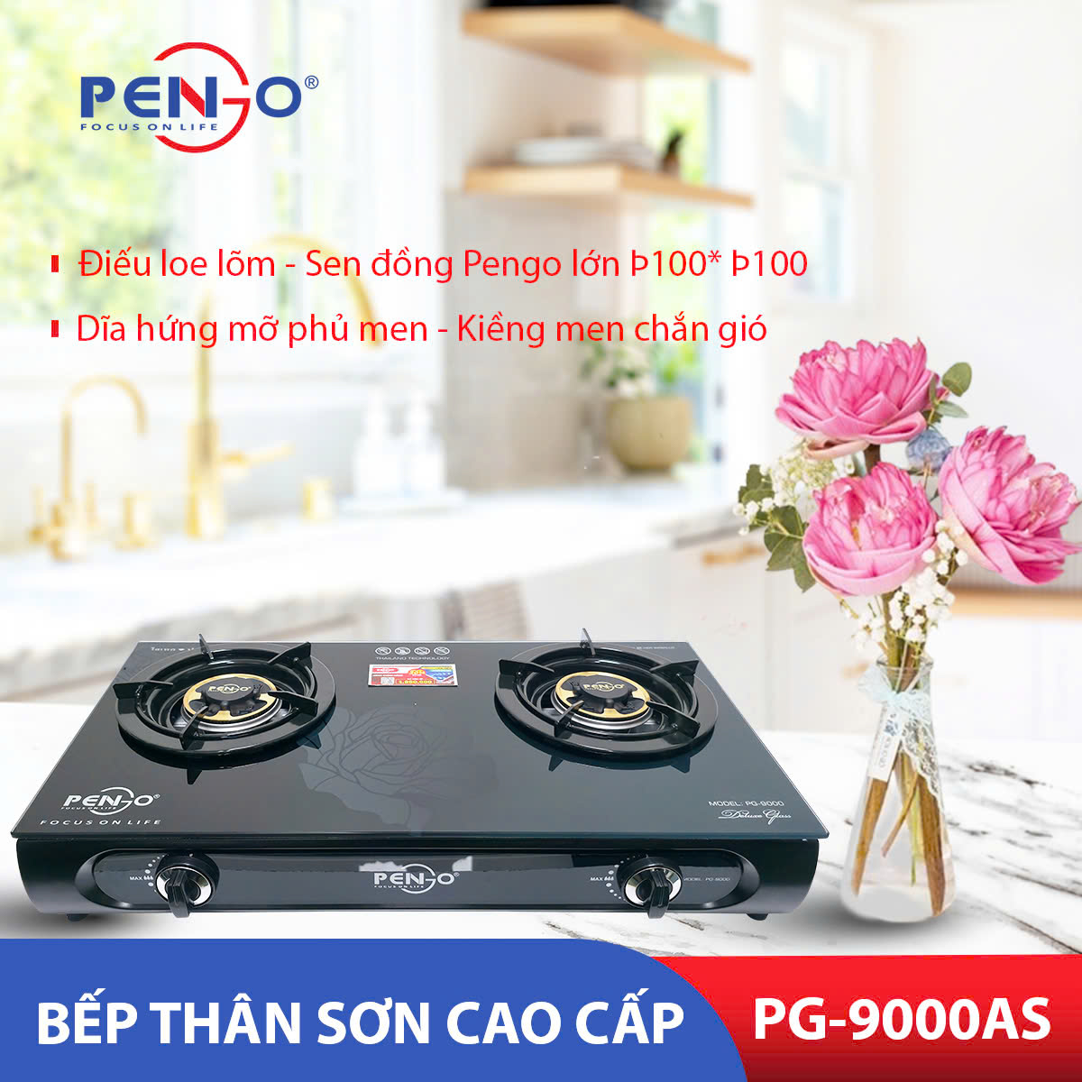 Bếp ga đôi mặt kính cao cấp Pengo PG-9000 AS25( Hàng chính hãng)