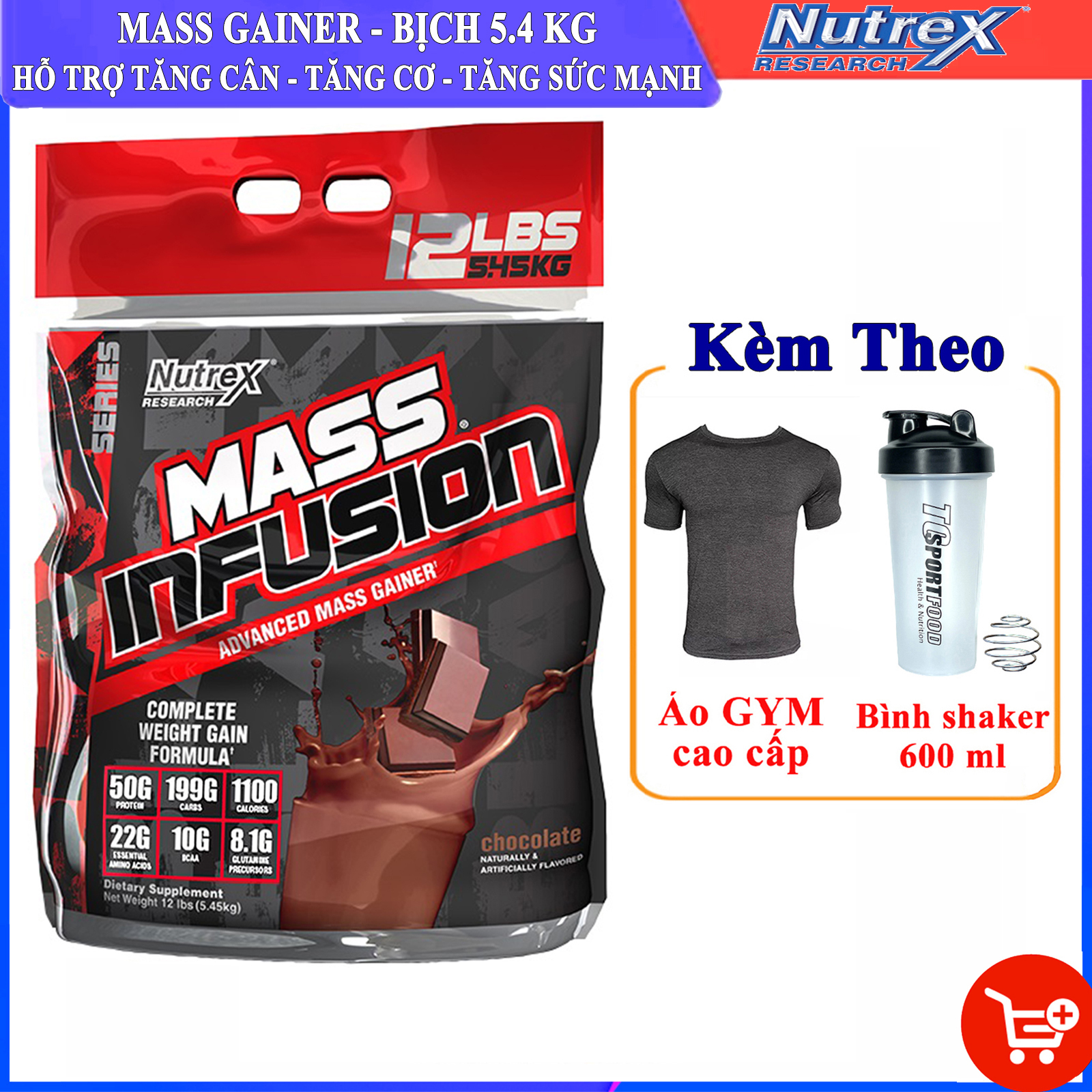 Combo Sữa tăng cơ &amp; tăng cân Mass Infusion của Nutrex bịch Lớn 5.45kg hỗ trợ tăng cân, tăng cơ nhanh, có enzim tiêu hoá cho người dị ứng lactose &amp; Bình lắc 600 ml (Màu Ngẫu Nhiên) &amp; Cặp cuốn tay