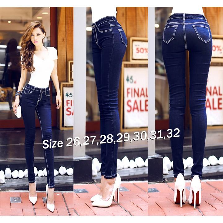 Quần jean xanh đậm 1 nút lưng cao chỉ nổi - QJ190