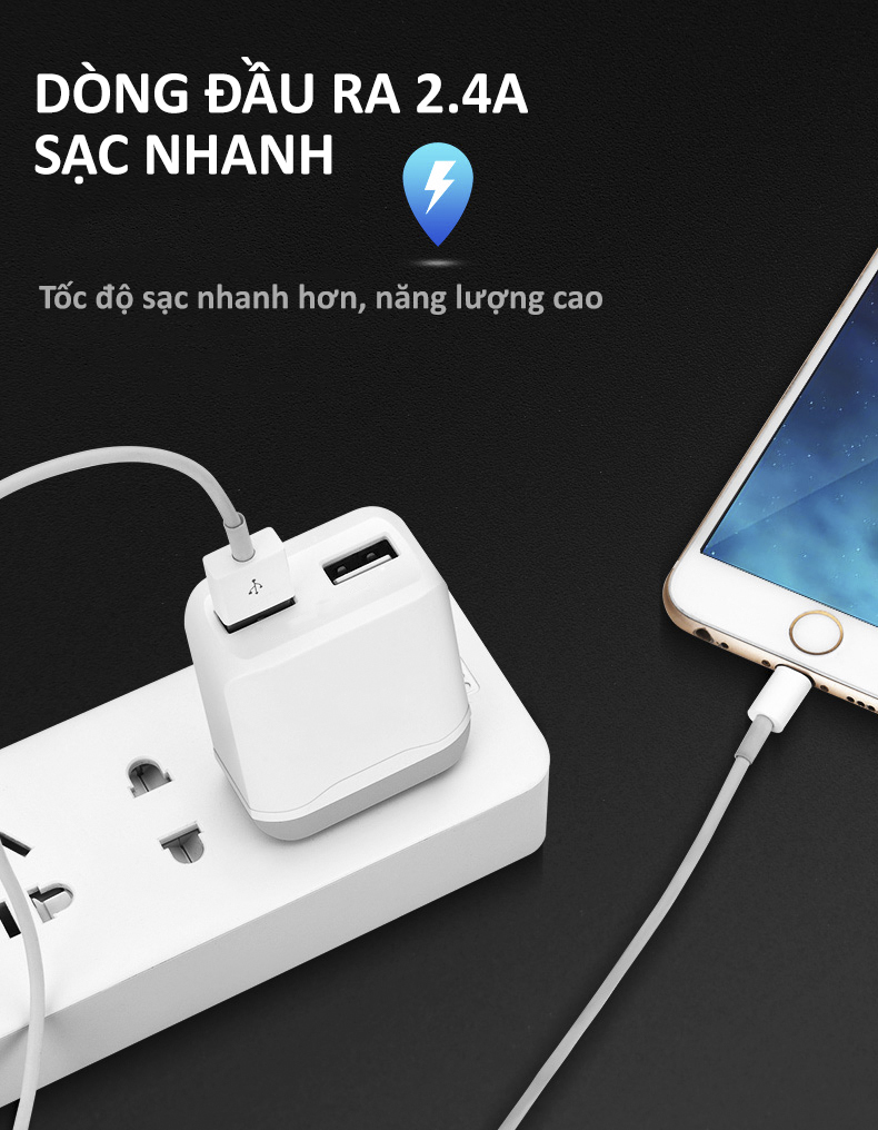 Củ sạc nhanh 2.4A 2 cổng USB PKCB - Hàng chính hãng