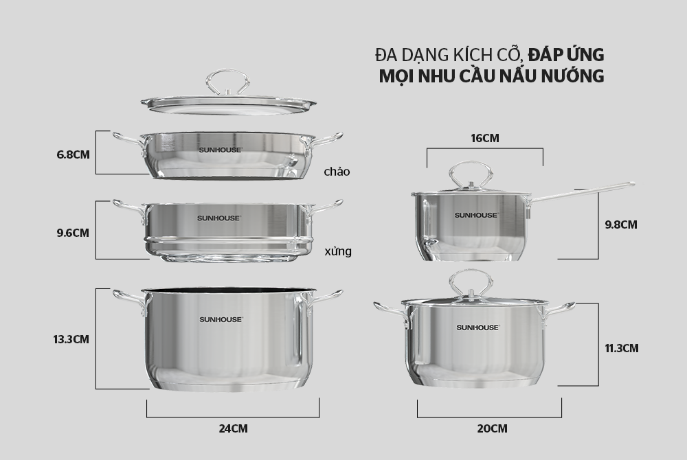 Bộ nồi chảo inox 5 đáy 5 món vung kính Sunhouse SHG996E